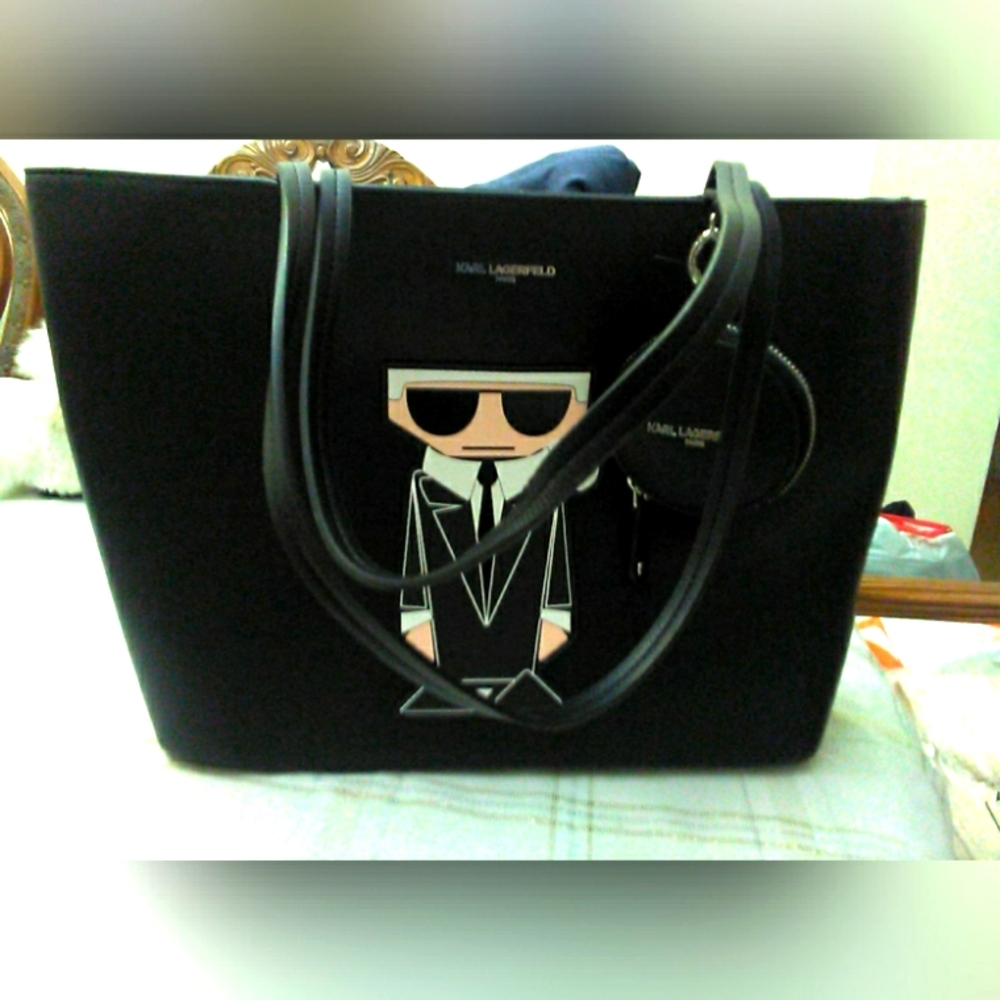 BNWT 2 PC. KARL LAGERFELD SHOULDER BAG LARGE W/ MAN ON FRONT + ZIPPER COIN BAG
